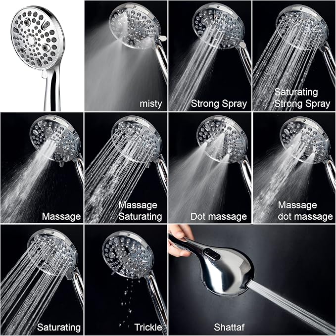 Shower Head with Handheld,High Pressure 10 Spray Modes Showerhead,Chrome | 4.7”Detachable Showerhead Set with 5ft Hose, Adjustable Bracket and Built-in Power Wash to Clean Tub, Tile & Pets - Chrome