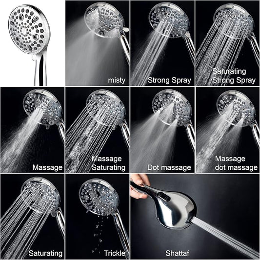 Shower Head with Handheld,High Pressure 10 Spray Modes Showerhead,Chrome | 4.7”Detachable Showerhead Set with 5ft Hose, Adjustable Bracket and Built-in Power Wash to Clean Tub, Tile & Pets - Chrome