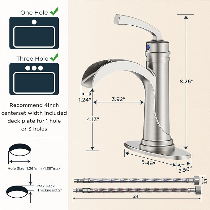 FORIOUS Brushed Nickle Bathroom Faucet Single Handle One Hole Antique Waterfall Bathroom Faucet with Metal Pop Up Drain and Deck Plate for Lavatory Vanity Farmhouse RV