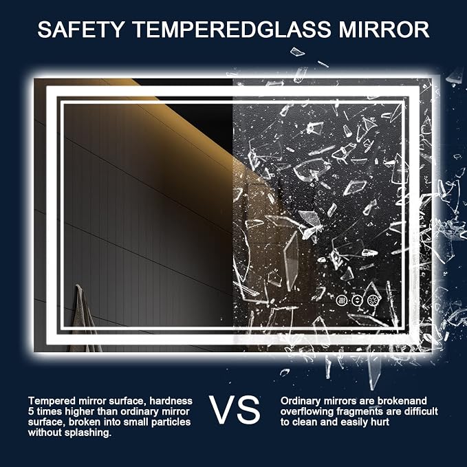 48x30 Inch LED Bathroom Mirror with Lights | Front and Backlit, 3 Colors, Dimmable, Memory, Anti Fog, Shatterproof, Horizontal/Vertical, Lighted Mirrors for Bathroom Wall