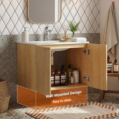 24 Inch Bathroom Vanity with Sink, Wall Mounted Floating Cabinet with Ceramic Basin, Waterproof Engineered Wood for Powder Room & Small Bathroom