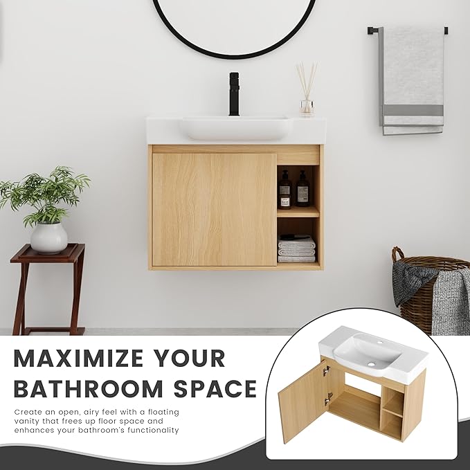 28" Floating Bathroom Vanity with Sink Combo,28 Inch Floating Vanity,Modern Single Sink Bathroom Vanity Combo,Oak Wall Mounted Cabinet Set
