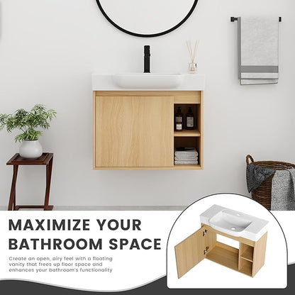 28" Floating Bathroom Vanity with Sink Combo,28 Inch Floating Vanity,Modern Single Sink Bathroom Vanity Combo,Oak Wall Mounted Cabinet Set