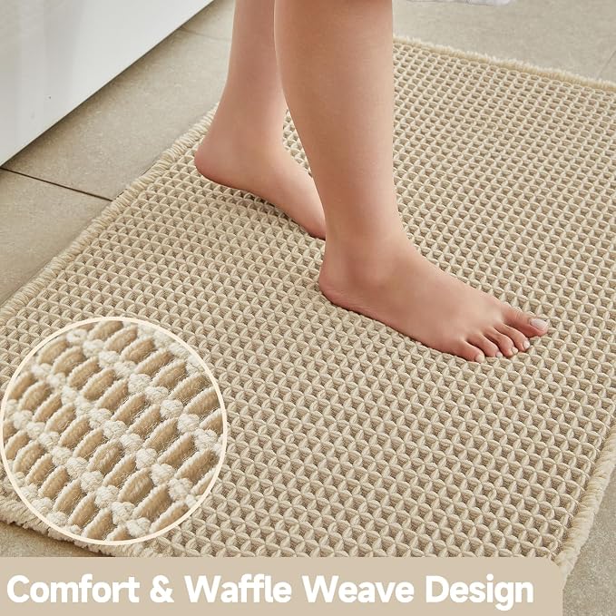 TYUU Waffle Runner Rug Bathroom, Long Boho Bath Mat, 60x24 Pale Beige | Super Absorbent Quick Dry Bath Rug, Non-Slip Backing, Soft Waffle Washable Farmhouse Bathroom Mats, Tub, Shower & Home Decor