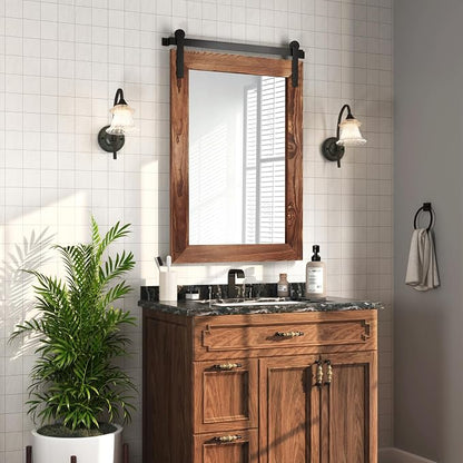 COGOOD Farmhouse Bathroom Mirrors for Over Sink - 42 x 29 Brown | Rustic Barn Door Wood Framed Vanity Mirror for Entryway, Living Room, Bedroom, Dresser Wall Decor