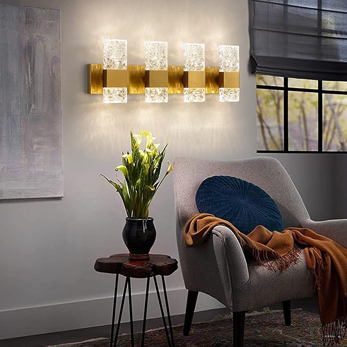Gold Bathroom Vanity Light Fixtures - Brushed Gold Vanity Light Bathroom Lighting Fixtures Over Mirror 40W Dimmable Crystal Wall sconces 4 Light LED Modern Bathrooms Lights 4000K