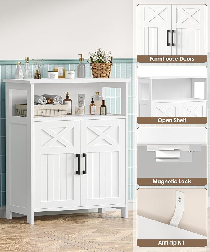 Akxomel Farmhouse Bathroom Storage Cabinet Open Shelf 2 Doors White | 11.8" D x 23.6" W Small Bathroom Cabinet with Adjustable Shelf, Toilet Paper Cabinet for Kitchen, Living Room, Laundry Room