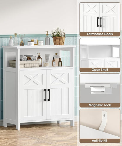 Akxomel Farmhouse Bathroom Storage Cabinet Open Shelf 2 Doors White | 11.8" D x 23.6" W Small Bathroom Cabinet with Adjustable Shelf, Toilet Paper Cabinet for Kitchen, Living Room, Laundry Room