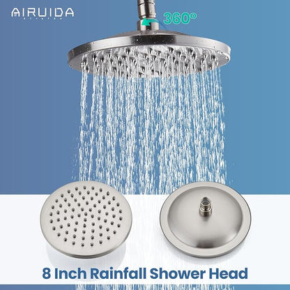 Airuida Exposed Shower System, 8 Inch Rainfall Shower Head with Handheld Spray, Single Handle Wall Mount Shower Faucet Set, Solid Brass Dual Function Exposed Pipe Fixture for Bathroom,Brushed Nickel