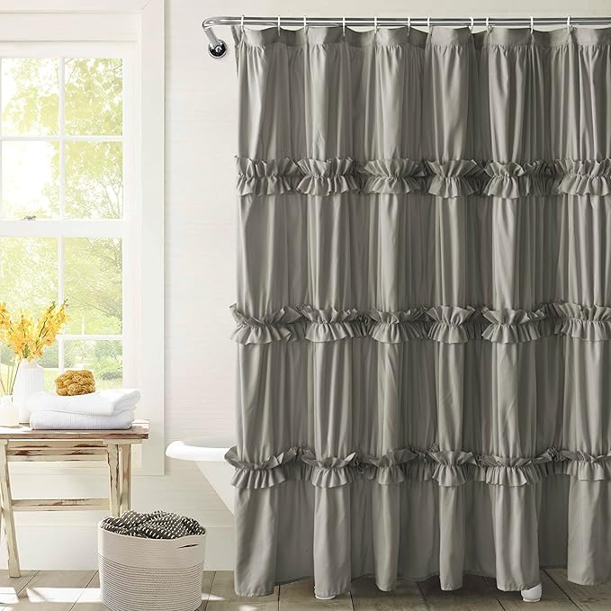 Farmhouse Ruffle Shower Curtain, Gray, 72 x 72 in | Decorative Elegant Bathroom Curtain with 12 Holes, Soft Ruched Microfiber Fabric, Vintage Handmade Design