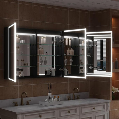60" X 30" LED Mirrored Medicine Cabinet, Medicine Cabinets with Lights for Bathroom, Defogging Function Mirror Cabinet, Bathroom Medicine Cabinet with USB Port & Outlet, Three Opening Doors