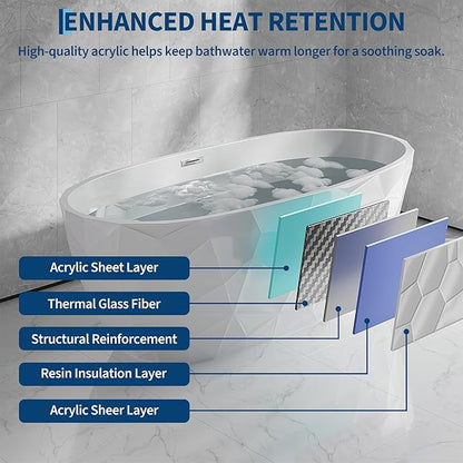 Freestanding Bathtub 59 Inch Acrylic Free Standing Tub – Diamond-Style Carved Texture Exterior, Freestanding Bathtubs with Chrome Overflow & Pop-Up Drain, Modern Bathroom Tub for Home Spa Upgrade