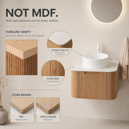 24 Inch Bathroom Vanity with Sink, Floating Wall Mounted Single Sink Vanity for Small Baths, Natural Woodgrain Curved Fluted Front, Stone Top, Pure White Round Vessel Basin, Pre-Assembled