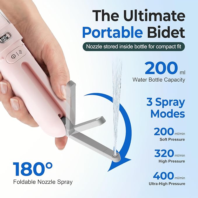 Electric Portable Bidet, Rechargeable Travel Bidet | 3 Pressure Modes, 260 Uses/Charge, Waterproof, Personal Hygiene Cleaning at Home Office and Camping