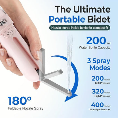 Electric Portable Bidet, Rechargeable Travel Bidet | 3 Pressure Modes, 260 Uses/Charge, Waterproof, Personal Hygiene Cleaning at Home Office and Camping