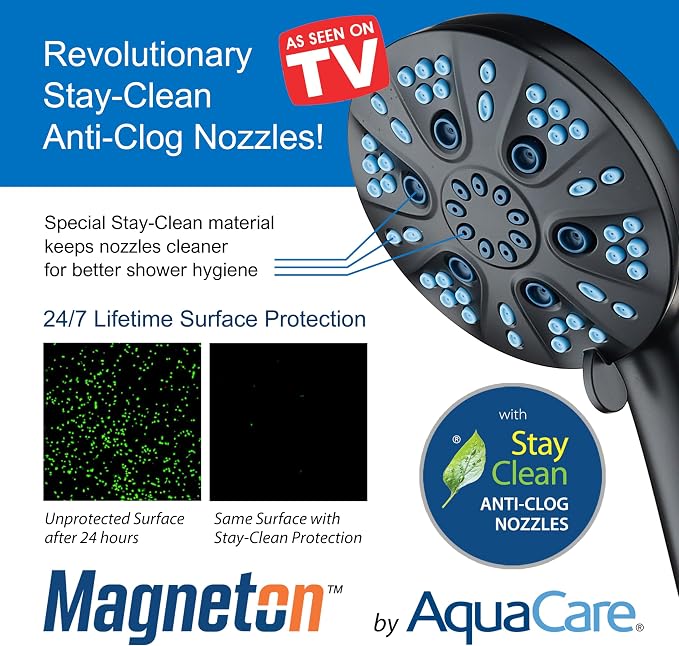 AquaCare Magneton 48-Mode High Pressure Rain & Handheld Shower Head Combo | Space-age Magnetic Guidance Docking, Dual 6-mode Heads with Hygienic Jets, Extra-long 6 ft. Stainless Steel Hose / Black