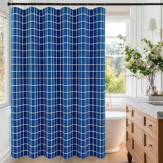 Fabric Farmhouse Shower Curtain-Extra Long Shower Curtains Bathroom Navy | 72"Wx84"L Faux Linen Grid Minimalist Simple Rustic Neutral Shower Curtain Decor-Cloth Geometric Plaid Washable Hotel Quality