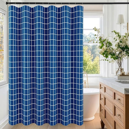 Fabric Farmhouse Shower Curtain-Extra Long Shower Curtains Bathroom Navy | 72"Wx84"L Faux Linen Grid Minimalist Simple Rustic Neutral Shower Curtain Decor-Cloth Geometric Plaid Washable Hotel Quality