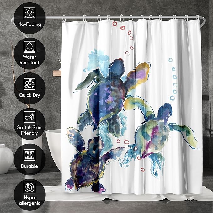 Americanflat 71x74 Sea Turtle Shower Curtain - Water-Resistant Long Shower Curtain with Durable Metal Grommets and 12 Hooks - 100% Polyester - Blue, Purple, Green and White