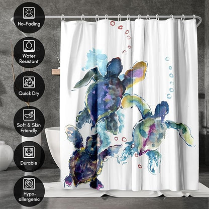 Americanflat 71x74 Sea Turtle Shower Curtain - Water-Resistant Long Shower Curtain with Durable Metal Grommets and 12 Hooks - 100% Polyester - Blue, Purple, Green and White