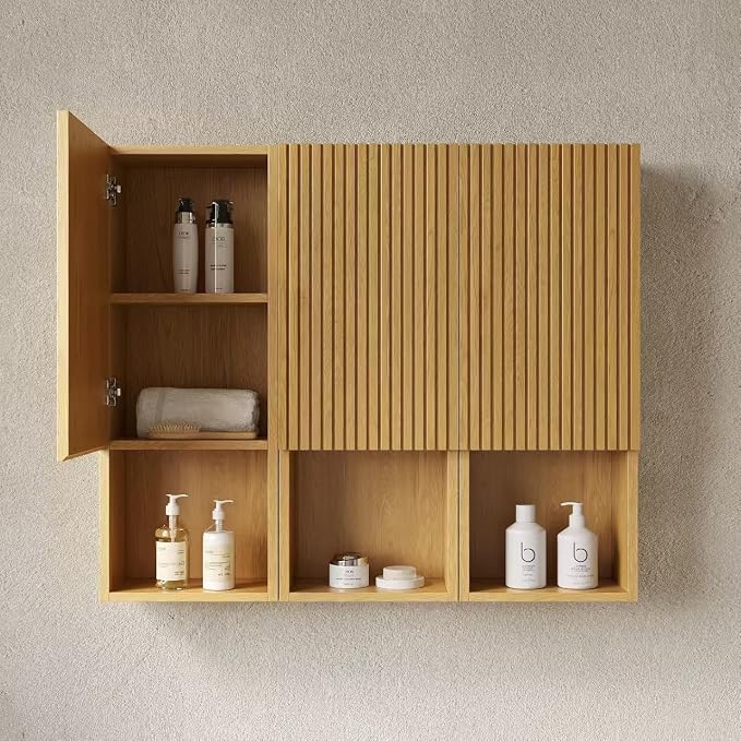 KEIKI Bathroom Wall Cabinet with Soft-Close Doors & Open Shelf, Golden Oak | Premium Wood Medicine Cabinet, Floating Storage Cabinet for Bathroom Kitchen Laundry Room