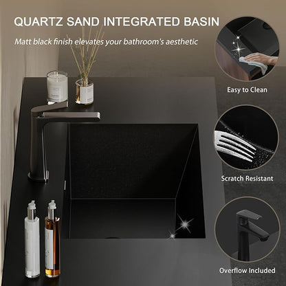 60 Inch Floating Bathroom Vanity with Double Sink, Modern Black Wall Mounted Floating Vanity with Scratch-Resistant Quartz Sand Basin, Soft Closing Drawers, Fully Pre Assembled Bathroom Vanity