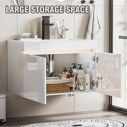 Spurgehom 30 inch Bathroom Vanity with Sink and Faucet, Floating Vanity Bathroom Cabinet with Lights, Modern Wall Mounted Storage Cabinet with Soft-Close System, White