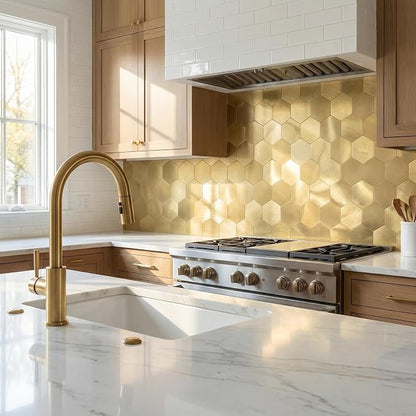 10pcs Peel & Stick Mosaic Wall Stickers - Waterproof/Anti-Skid/High Temp Resistant Decals, Multi-Purpose Removable Decoration for Kitchen Backsplash, Bathroom&Office (10, Golden)