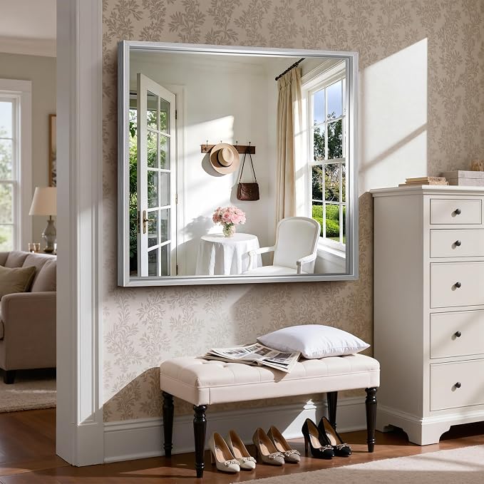 CIRCUMI 40"x40" Brushed Silver Bathroom Mirror, Square Mirror for Vanity | Chunky Box Metal Frame, Shatterproof, Tempered Glass, Bathroom Remodel&New Home,Wall Mirror for Over Sink,Living Room,Hallway