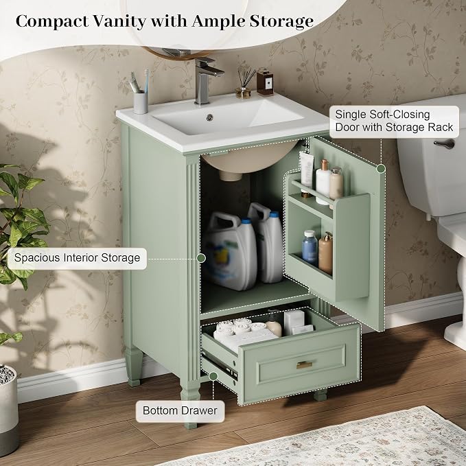 Merax 20 Inch Small Bathroom Vanity with Sink, Vanity Cabinet with Bottom Drawer and Door Rack Organizer, Adjustable Shelf, Green
