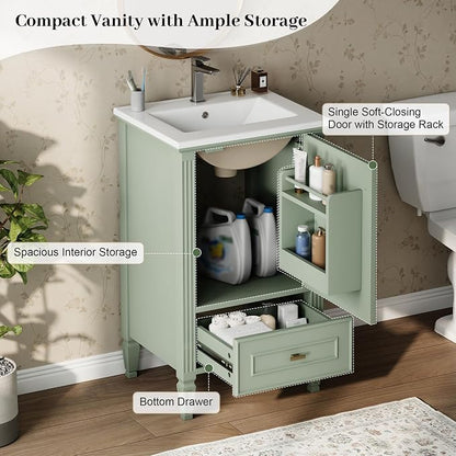 Merax 20 Inch Small Bathroom Vanity with Sink, Vanity Cabinet with Bottom Drawer and Door Rack Organizer, Adjustable Shelf, Green