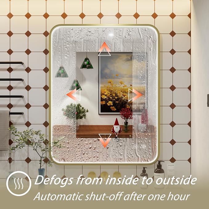 36"x30" Gold LED Bathroom Mirror with Lights,3000K/4500K/6000K | Stepless Dimmable, Anti-Fog, Memory Function, Aluminum Frame Wall Mount Lighted Vanity Mirror, ETL Listed, IP54 Waterproof