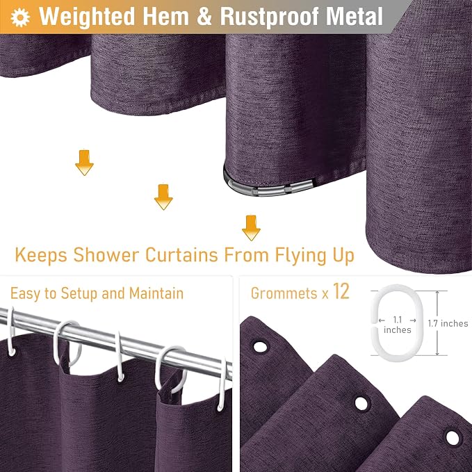 72x78 Linen Textured Waterproof Thcik Fabric Shower Curtain, Purple | Long Size, 230GSM Polyester, Heavy Duty Cloth, Weighted Hem, 12 Plastic Hooks, Modern Luxury Hotel Style, Machine Washable