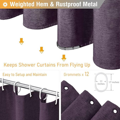 72x78 Linen Textured Waterproof Thcik Fabric Shower Curtain, Purple | Long Size, 230GSM Polyester, Heavy Duty Cloth, Weighted Hem, 12 Plastic Hooks, Modern Luxury Hotel Style, Machine Washable