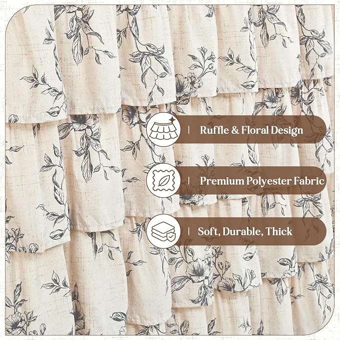 Yinhua Extra Long Farmhouse Ruffle Shower Curtains for Bathroom, 72" Wx90 L | Black Floral Print, Ruflle Design, 12 Metal Hooks, Vintage Rustic Washable Waterproof Shower Curtain for Bathroom Bathtub