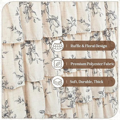 Yinhua Extra Long Farmhouse Ruffle Shower Curtains for Bathroom, 72" Wx84 L | Black Floral Print, Ruflle Design, 12 Metal Hooks, Vintage Rustic Washable Waterproof Shower Curtain for Bathroom Bathtub