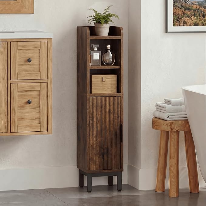 Small Bathroom Storage Cabinet, Corner Narrow Toilet Paper Floor Cabinet with Door and Shelves,Bathroom Organizer with Adjustable Shelf, for Small Spaces (Rustic Brown, 4-Tier)