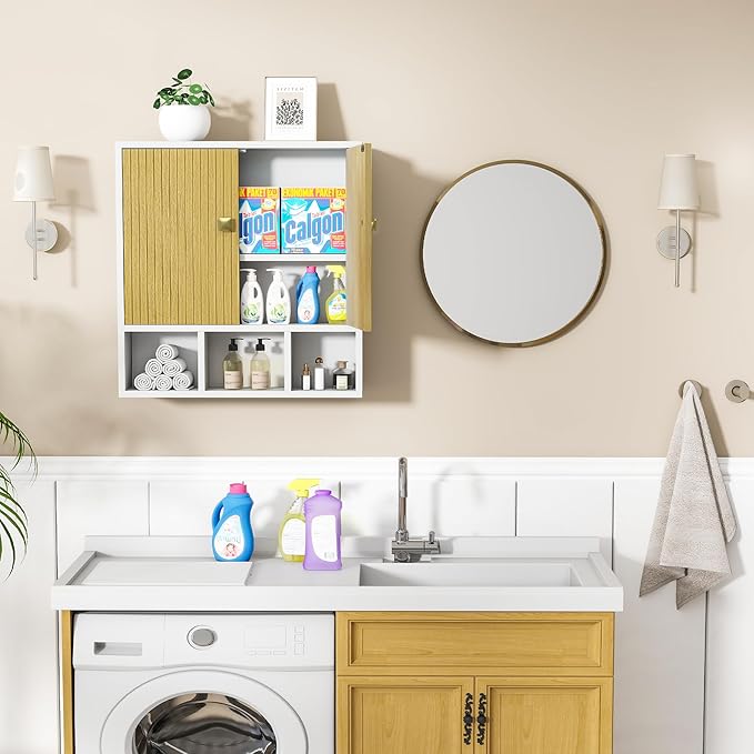 Bathroom Wall Cabinet,Wooden Medicine Cabinet with Fluted Doors Over The Toilet Storage Cabinet with Adjustable Shelf for Bathroom,White