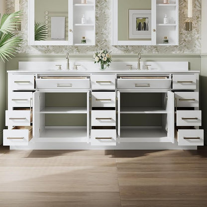 84-Inch Bathroom Vanity with Double Sinks W/ 4 Doors & 12 Drawers & 2 Flip Drawers, White Vanity W/Brushed Nickel Handles