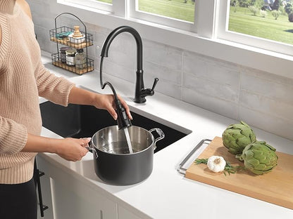 Delta Westville Matte Black Kitchen Faucet with Pull Down Sprayer, Contemporary Single Hole Kitchen Sink Faucet, Single Handle, Matte Black 9110-BL-DST