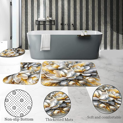 4-Piece Magnolia Flowers Shower Curtain Set Dreamy Beauty Bathroom Set with Shower Curtain and Rugs, Gold White and Gray Bath Curtain with Hooks for Home Decor