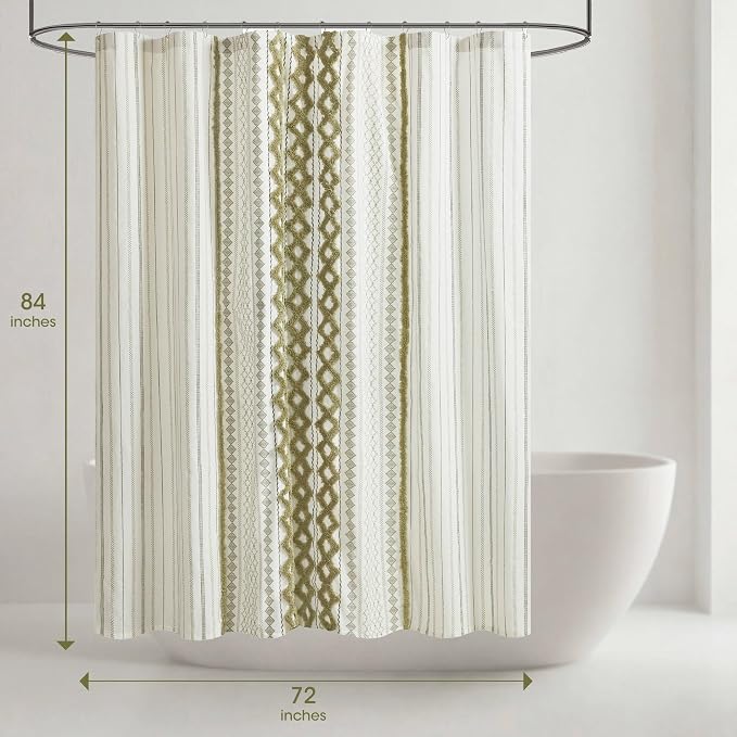 INK+IVY Extra Long Cotton Tufted Shower Curtain for Bathroom, Sage, 72 x 84 | Machine Washable, Boho Tufted Chenille Modern Home Bathroom Decor, Bathtub Privacy Screen, OEKO-TEX Certified