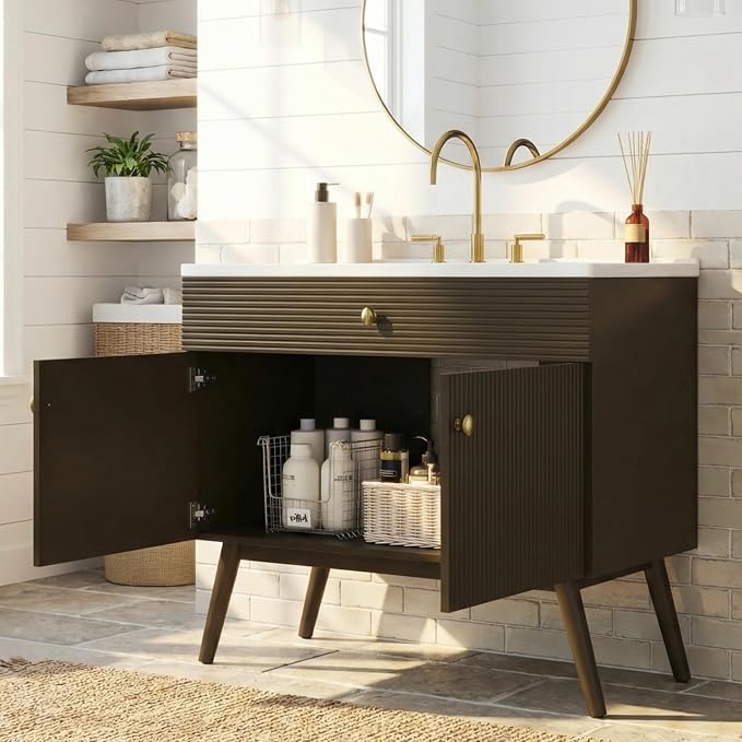 36 Inch Luxury Striped Dark Brown Vanity with Premium Ceramic Sink, Modern Bathroom Storage Cabinet with Soft-Close Dual-Door Storage, Freestanding Sink Vanity for Space Saving (Dark Brown, 36")