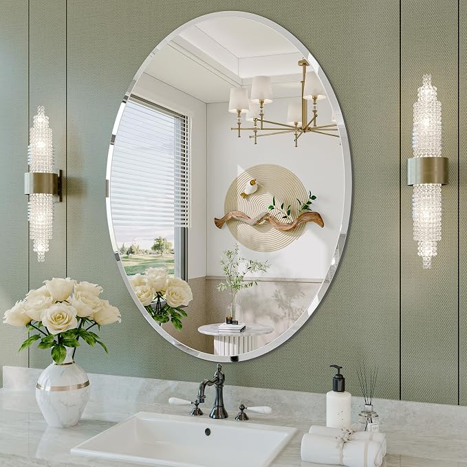 Frameless Oval Mirror, 24"x32" Oval Beveled Bathroom Mirrors | Frameless, 15mm beveled edge, 5mm HD glass, anti-rust, french cleat, horizontally or vertically, for bathroom/bedroom
