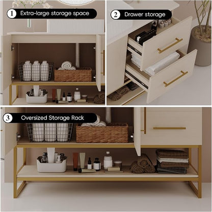 KEIKI 47" Bathroom Vanity with Sink, Modern Freestanding Vanity Cabinet with Ceramic Vessel Sink, Oak Wood Finish, Soft Closing Doors & Drawers, Gold Accent Base, White