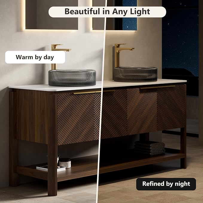 Yayzy 60 Inch Double Sink Bathroom Vanity, Dark Walnut Bathroom Cabinet with Double Smoky Gray Glass Vessel Sinks, Carrara White Sintered Stone Countertop, Soft Close Doors, Open Storage Shelf