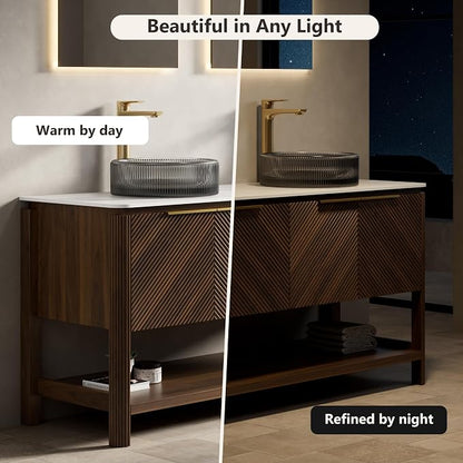 Yayzy 60 Inch Double Sink Bathroom Vanity, Dark Walnut Bathroom Cabinet with Double Smoky Gray Glass Vessel Sinks, Carrara White Sintered Stone Countertop, Soft Close Doors, Open Storage Shelf