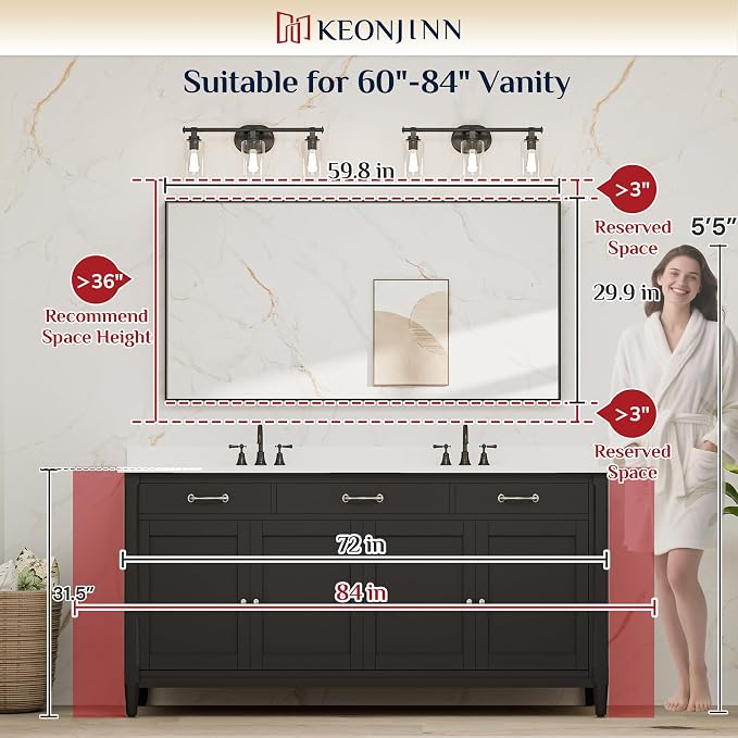 Keonjinn 60x30 Inch Black Bathroom Mirror for Over Sink, HD Tempered Glass | Rectangular, Vanity Mirror, Brushed Framed, Square Corner, Modern Farmhouse, Wall Mounted Mirrors, Aluminum Alloy