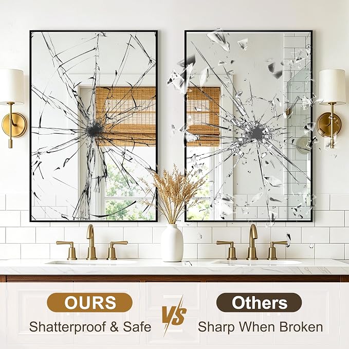 Rectangular Bathroom Mirror, 36"x24" Black Metal Framed Vanity Mirror | HD Shatterproof Wall Mirror, Horizontal or Vertical Hanging, Easy Installation for Bathroom, Bedroom, Living Room, Entryway