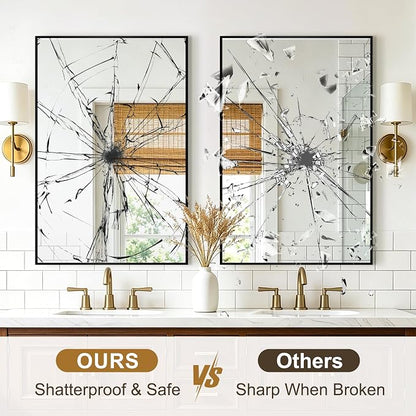 Rectangular Bathroom Mirror, 36"x24" Black Metal Framed Vanity Mirror | HD Shatterproof Wall Mirror, Horizontal or Vertical Hanging, Easy Installation for Bathroom, Bedroom, Living Room, Entryway